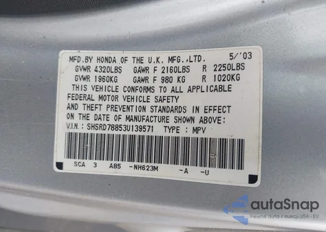 2003 Honda Cr-V Ex from USA, damaged, VIN SHSRD78853U139571